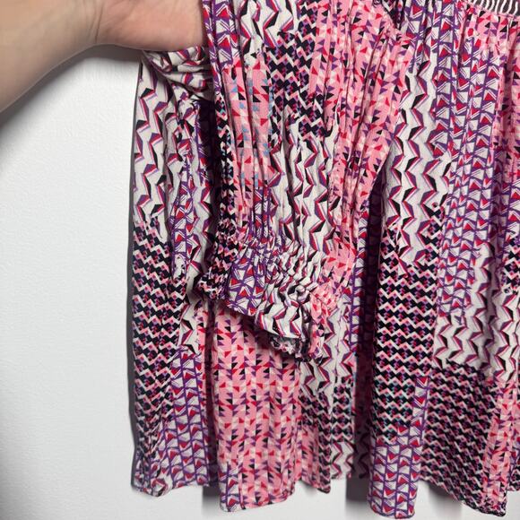 Fate Top Women L Pink Purple Long Sleeve Modest Abstract Ruffle Blouse Career - Picture 3 of 5